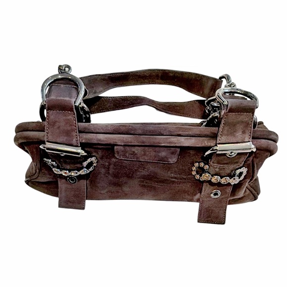 Stuart Weitzman Brown Suede Shoulder Bag I Crystal Buckle Hardware - Picture 7 of 13